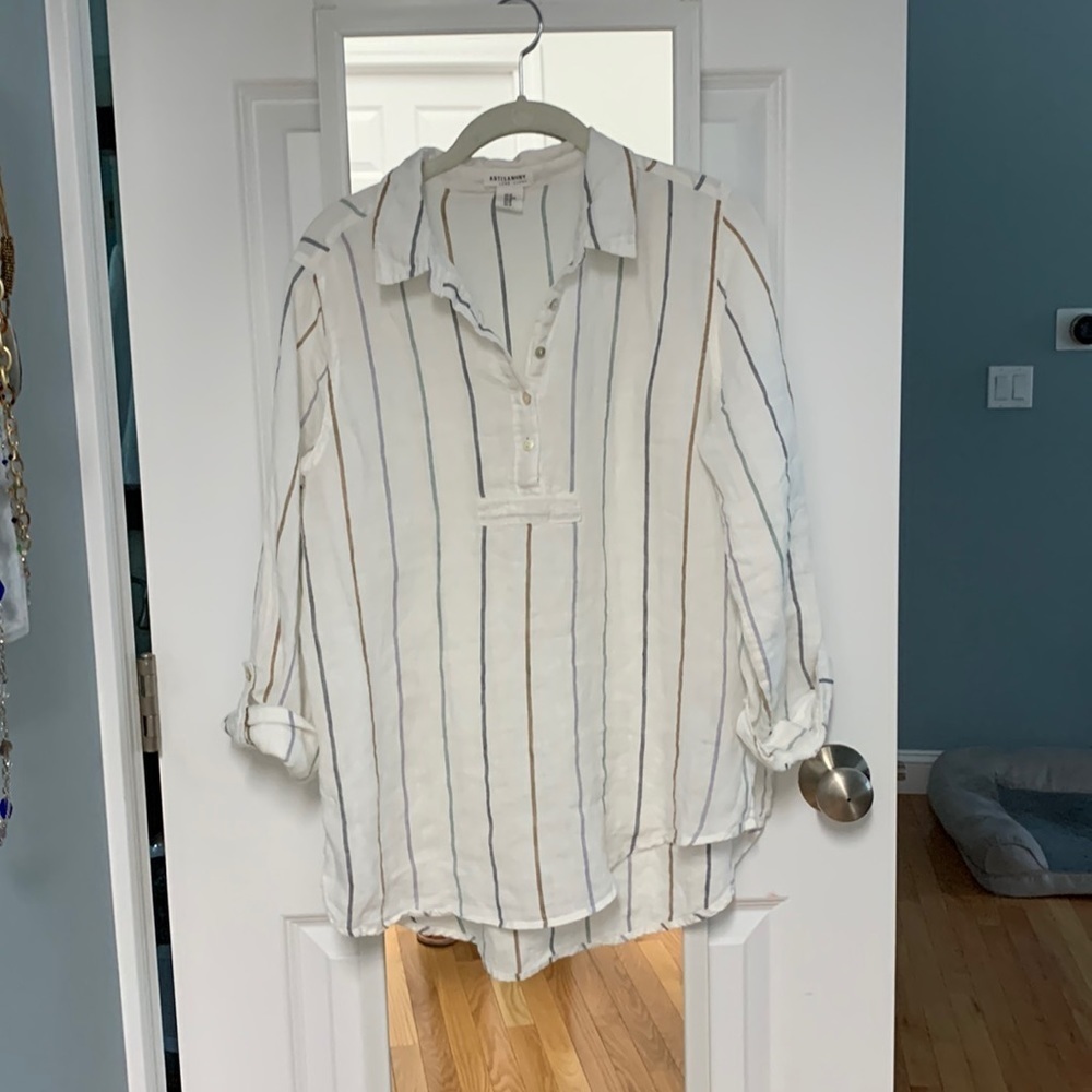 Artisan NY Linen White Striped Roll Tab Top Shirt Casual Blouse Womens Medium